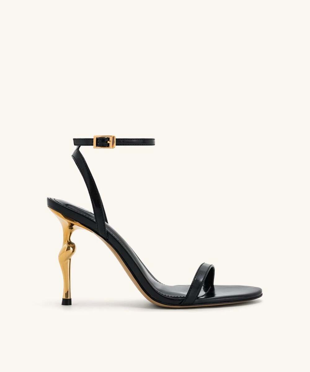 JW PEI Alivia Gold Metal Heel Sandals in Black
